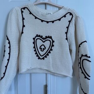 Cream and Black Heart Pattern Knit Sweater